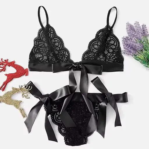Комплект еротичної мереживної білизни на зав'язках, спокусливий, універсальний, чорний - фото 5