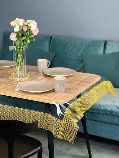 Скатертина силіконова із золотою перлинною стрічкою 370х130 см - фото 7