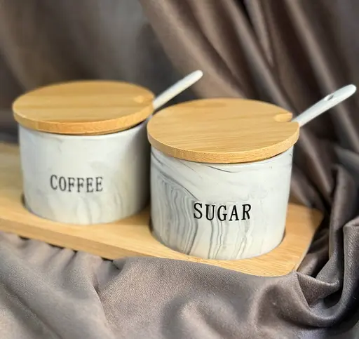 Набор банок 3 шт с крышками и ложками с бамбуковым подносом для хранения сыпучих 300 мл Серый - фото 3