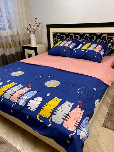 Постельное белье хлопок 44 кошки Полутораспальное 150 x 220 Бязь Синее 70 х 70