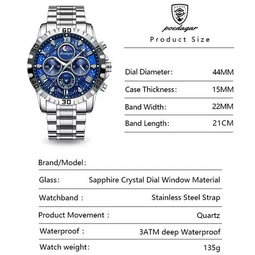 Мужские наручные часы Poedagar MoonLight (Серебристый) - фото 9