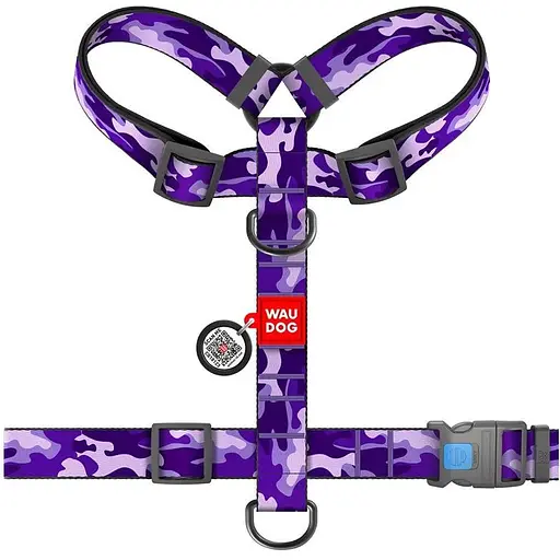 Шлея для собак Waudog Nylon анатомічна H-подібна з QR-паспортом, малюнок "Фіолетовий камо" , пластиковий фастекс, XL - фото 2