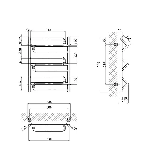Полотенцесушитель водяной Kroner Иллюзия ДИ05 700x530 CV023862, Хром, нижнее - фото 2