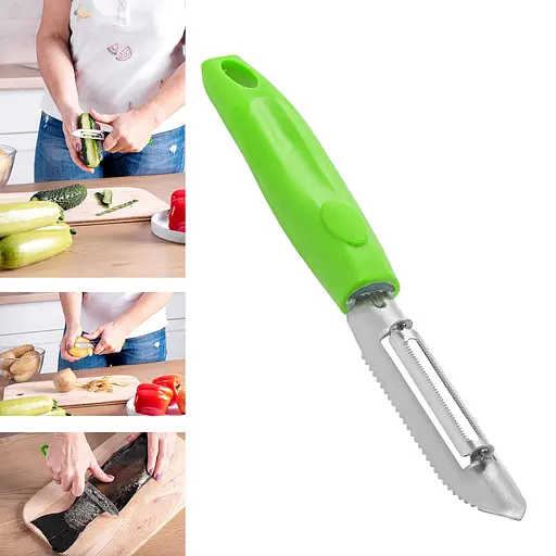 Ніж 2в1 економка овочечистка рибочистка велика з пластмасовою ручкою для очищення овочів і фруктів 20.5 см, Kitchette Салатовий 84409 - фото 2