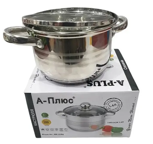 Кастрюля A-Plus WK-2167 3.9 л из нержавеющей стали со стеклянной крышкой с многослойным дном - фото 4