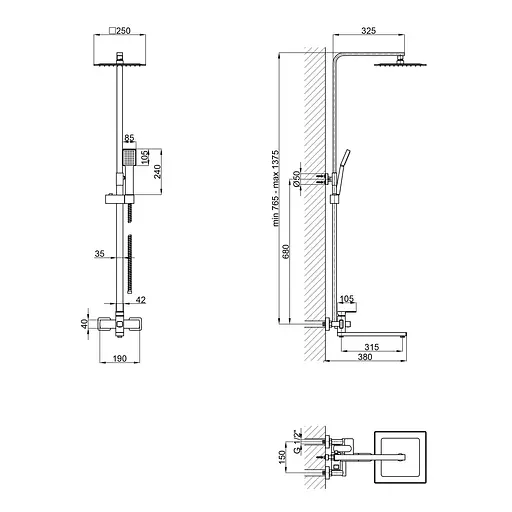 Душова система універсальна Lidz Kubis 1033 на три споживача (з виливом) (k35) LDKUB1033NKS46110 Nickel, Нержавіюча сталь - фото 2