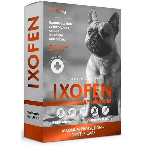 Краплі проти іксодових кліщів, бліх та комарів Unicum Ixofen для собак 4-10 кг 3 піп. х 1 мл - фото 1