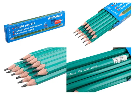 Карандаши графитовые пластиковые, HB, с ластиком, 12 шт. в упаковке