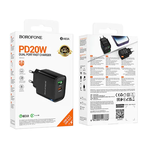 Сетевое зарядное устройство для Borofone BA83A Flare star PD20W+QC3. 0 charger черный - фото 2