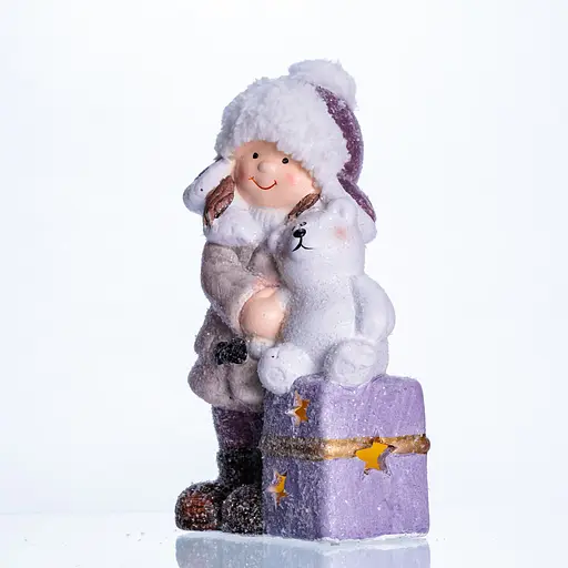Новорічна фігурка з підсвіткою Дівчинка з ведмежам із фарфору 12×7×20 (см) новорічний декор Yiwu CR-5-5 - фото 3