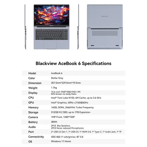 Ноутбук Blackview Acebook 6,16GB DDR4 512GB, N150 36GHz / UHD, Win11 Home, 38Wh, +, HDMI 2.0, Bluetooth 5.0, USB 3.0 - фото 11