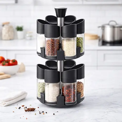 Набор из 12 стеклянных баночек для специй и приправ на вращающейся подставке 360 градусов, дозатор 3 режима Черный 88203 - фото 4