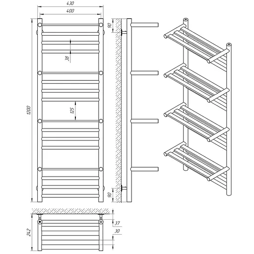 Водяна рушникосушка Laris Форум П16 400x1200 с 4-ма полицями 71207681, Хром - фото 2