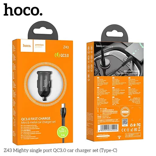 Адаптер автомобильный HOCO Z43 Mighty + Type-C Cable single port car charger 1USB 18W черный - фото 7