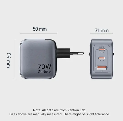 Зарядний пристрій Vention 70W GaN FEX 1U+2C чорний євровилка - фото 3