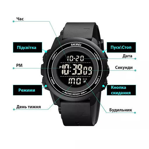 Спортивний чоловічий годинник Skmei 1736 (Чорний з чорним циферблатом) - фото 6