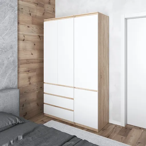 Шкаф для одежды Vays в спальню с 3 шухлядами, штангой и полками, без ручек R9+R22 Дуб Сонома-Белый фасад