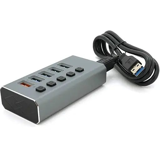 Хаб USB 3.0, 4 порти USB 3.0 + 1 порт QC3.0, з перемикачами на кожен порт, DC5V3A, Black, BOX