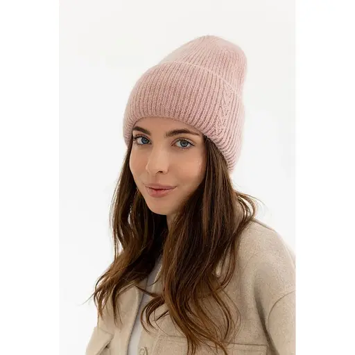 Женская вязаная шапка ангора 80% с орнаментом и флисовой подкладкой Нежно Розовый - фото 1