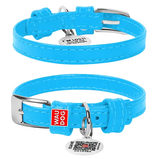 Нашийник для собак шкіряний Waudog Glamour з QR-паспортом без прикрас XXS Ш 9 мм Д 18-21 см блакитний