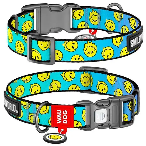 Collar WAUDOG Nylon - Нашийник нейлоновий з малюнком "Смайли на блакитному" і QR паспортом для собак - XL (2,5х37-58 см)