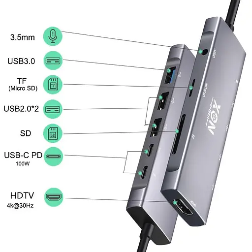 USB-хаб XON SmartHub 9 в 1 (HDMI, 3.5 Audio, SD/TF, 2xType-C, 3xUSB3.0) Серый (UHCHP095300G 5245) - фото 7