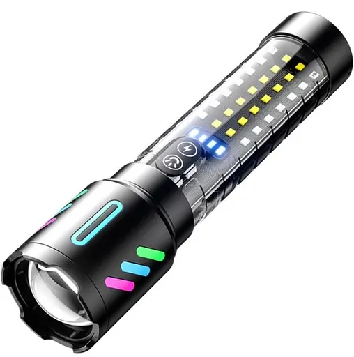 Фонарь ручной аккумуляторный COBA CB-519D Светодиодный ручной фонарик с подсветкой, 5 режимов работы, с индикатором заряда Черный - фото 1