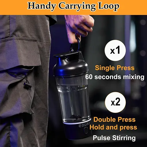 Шейкер EQURA E-Pulse, електричний міксер для протеїнових коктейлів об'ємом 750 мл зі світлодіодним підсвічуванням, 2 режими змішув - фото 4