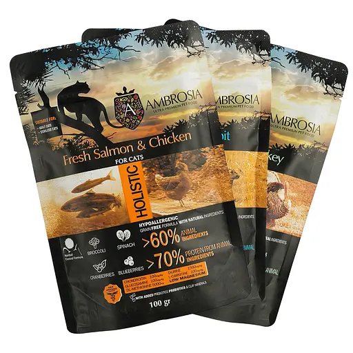 Набір дегустаційного сухого корму для дорослих котів Ambrosia Grain Free 300 г (3 шт. х 100 г)