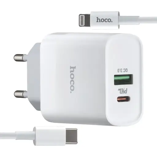 Сетевое зарядное устройство Hoco C80A Rapido PD20W + QC3.0 charger set Type-C to Lightning (EU) Белый - фото 1