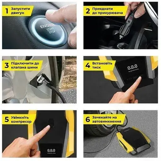 Автокомпрессор Gemix Model G black/yellow поршневой с сумкой цифровой манометр функция Autostop фонарик 35 л/мин - фото 4