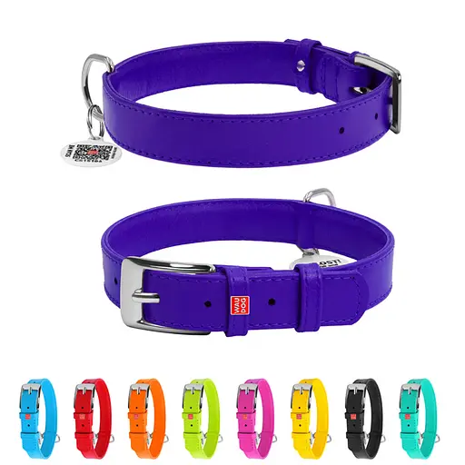Ошейник для собак кожаный Waudog Glamour с QR-паспортом без украшений L Ш 25 мм Д 38-49 см фиолетовый - фото 2