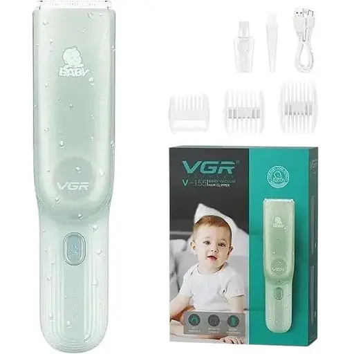 Машинка для стрижки дітей безшумна з витяжкою VGR V-155, 4 безпечні насадки, IPX8, зелена
