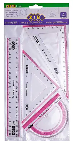 Комплект, лінійка 20 см, 2 косинці, транспортир, з рожевою смужкою