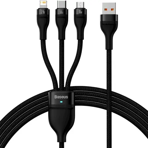 Кабель Baseus Flash Series Ⅱ One-for-three Fast Charging Data Cable USB to M+L+C 66W 1.2m Black - фото 1