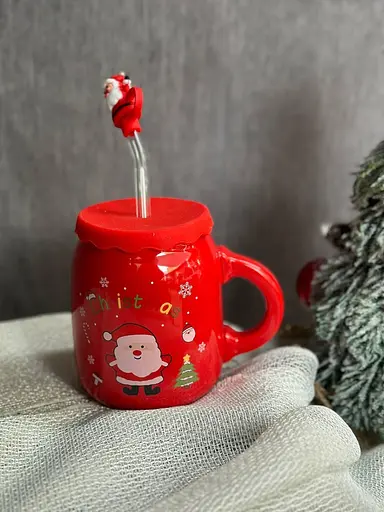 Чашка новогодняя Olens 102-1082-1 Санта керамика с крышкой и трубочкой 460 мл Красная - фото 2