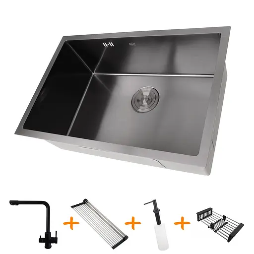 Комплект чорної кухонної мийки та змішувача з нержавіючої сталі NB-6845, Чорний - фото 1