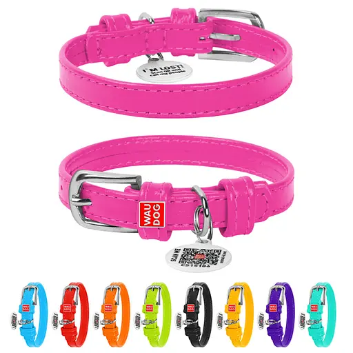 Ошейник для собак кожаный Waudog Glamour с QR-паспортом без украшений XS Ш 12 мм Д 21-29 см розовый - фото 2