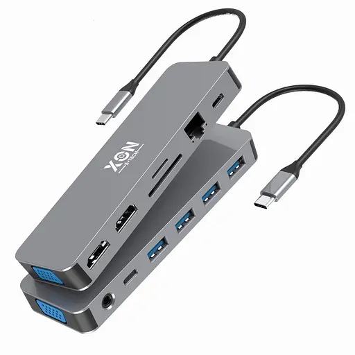 USB-хаб XON SmartHub 13 в 1 (Ethernet, VGA, 2xHDMI, 3.5 Audio, SD/TF, 2xType-C, 2xUSB3.0, 2xUSB2.0) Серый (XUCHP134322G 5290) - фото 1
