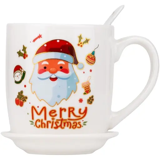 Чашка новогодняя Elisey 9150-005-3 Merry Christmas керамическая с ложкой и блюдцем 350 мл Белая - фото 1