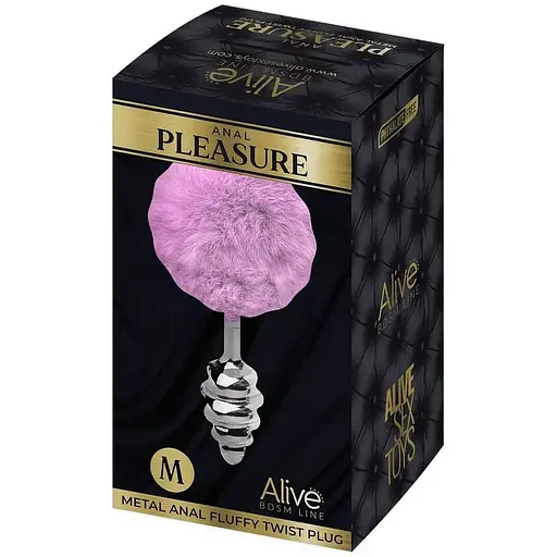Металева анальна пробка Кролячий хвостик Alive Fluffy Twist Plug M Purple діаметр 3.4 см - фото 3