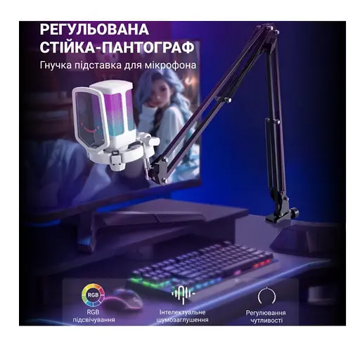 Мікрофон з пантографом конденсаторний Fifine Q-6T-W RGB USB White - фото 4