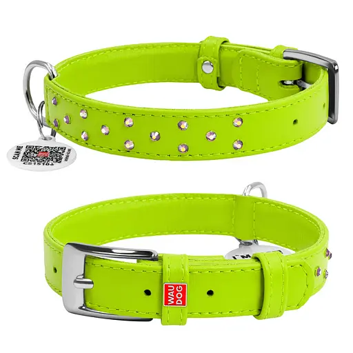 Ошейник для собак кожаный Waudog Glamour с QR-паспортом с клеевыми стразами Ш 20 мм Д 30-39 см салатовый