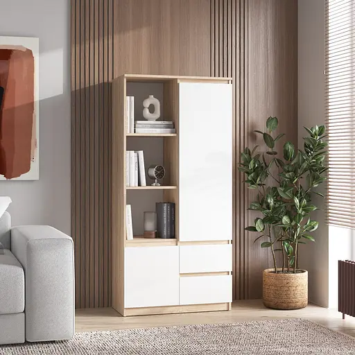Шкаф для книг Vays R-26 Дуб Сонома-Белый фасад пенал с полками и ящиками ЛДСП 80x40x170 см для дома офиса гостиной