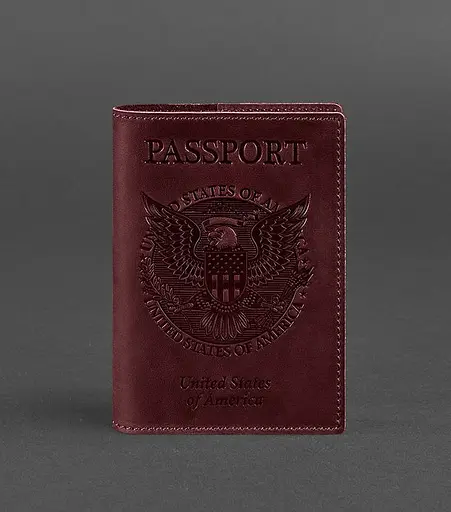 Шкіряна обкладинка для паспорта з американським гербом бордова - фото 1