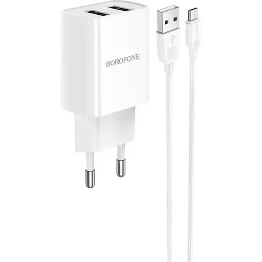 Адаптер сетевой + кабель Micro USB Borofone BA53A Powerway dual port charger set 2USB набор белый - фото 1