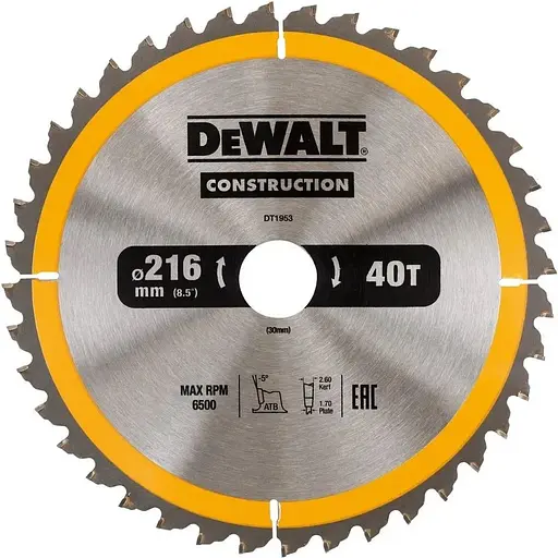 Диск пиляльний DeWalt Construction 216х30 мм 40 зубів (DT1953)