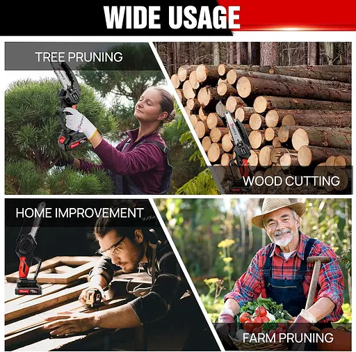 Бездротова бензопила Huini Mini Cordless 6 дюймів з великою літій-іонною батареєю, потужна електрична бензопила з 2 ланцюгами - фото 3