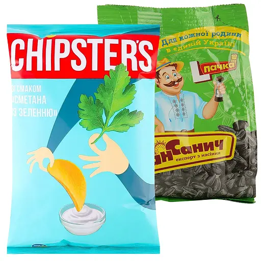 Набор: чипсы Chipster's со вкусом сметаны и зелени 100 г + семена подсолнечник Сан Санич жареные соленые 100 г