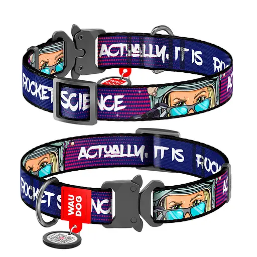 Ошейник для собак нейлоновый Waudog Nylon с QR-паспортом "Космос. Ракетостроение" металлическая пряжка-фастекс M Ш 20 мм,